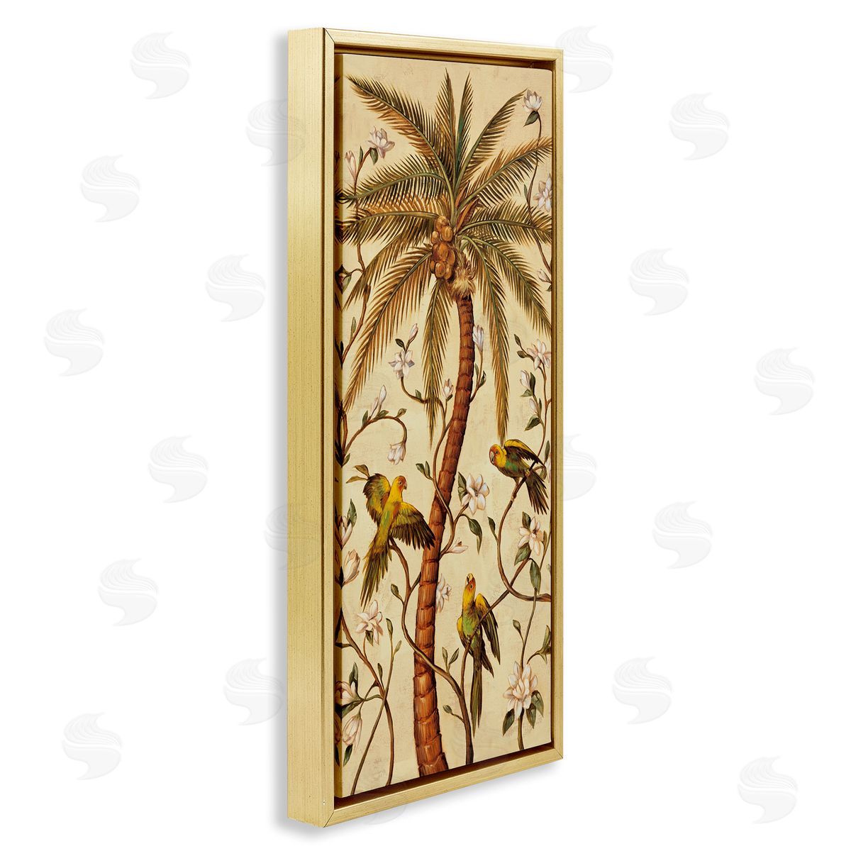 Parrots & Curvy Palm Tree Gold Floating Frame Canvas Wall Art, Home Decor by Rodolfo Jimenez