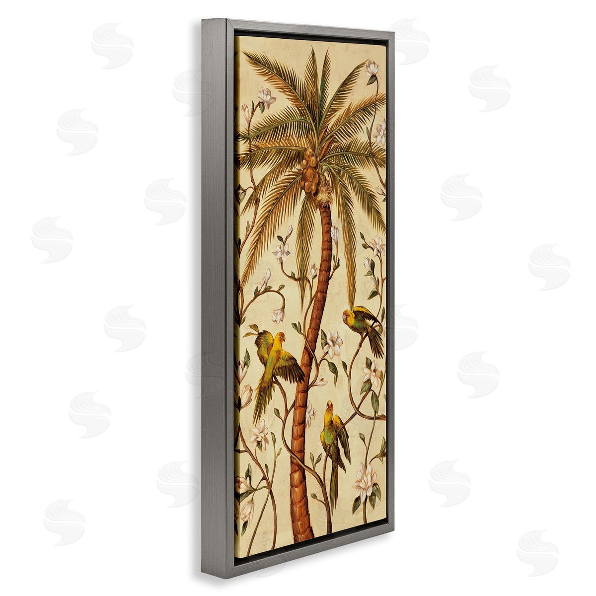 Parrots & Curvy Palm Tree Grey Floating Frame Canvas Wall Art, Home Decor by Rodolfo Jimenez