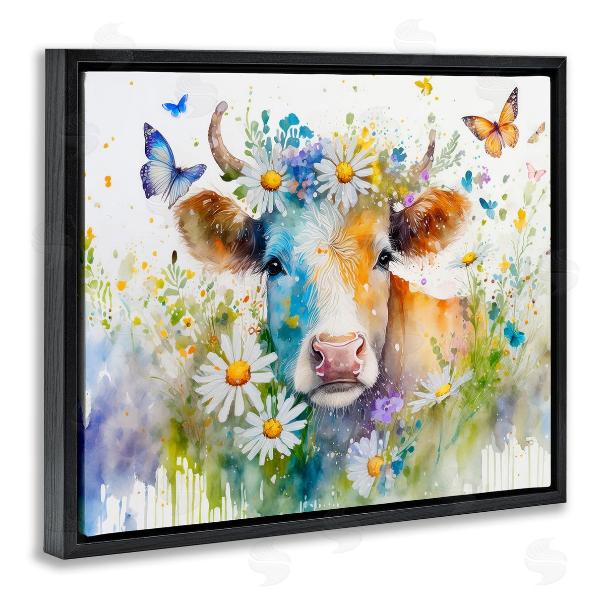Modern Cottage Cow Black Floating Frame Canvas Wall Art, Home Decor by Alina Georgescu