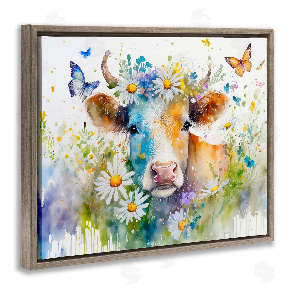 Modern Cottage Cow Brown Floating Frame Canvas Wall Art, Home Decor by Alina Georgescu
