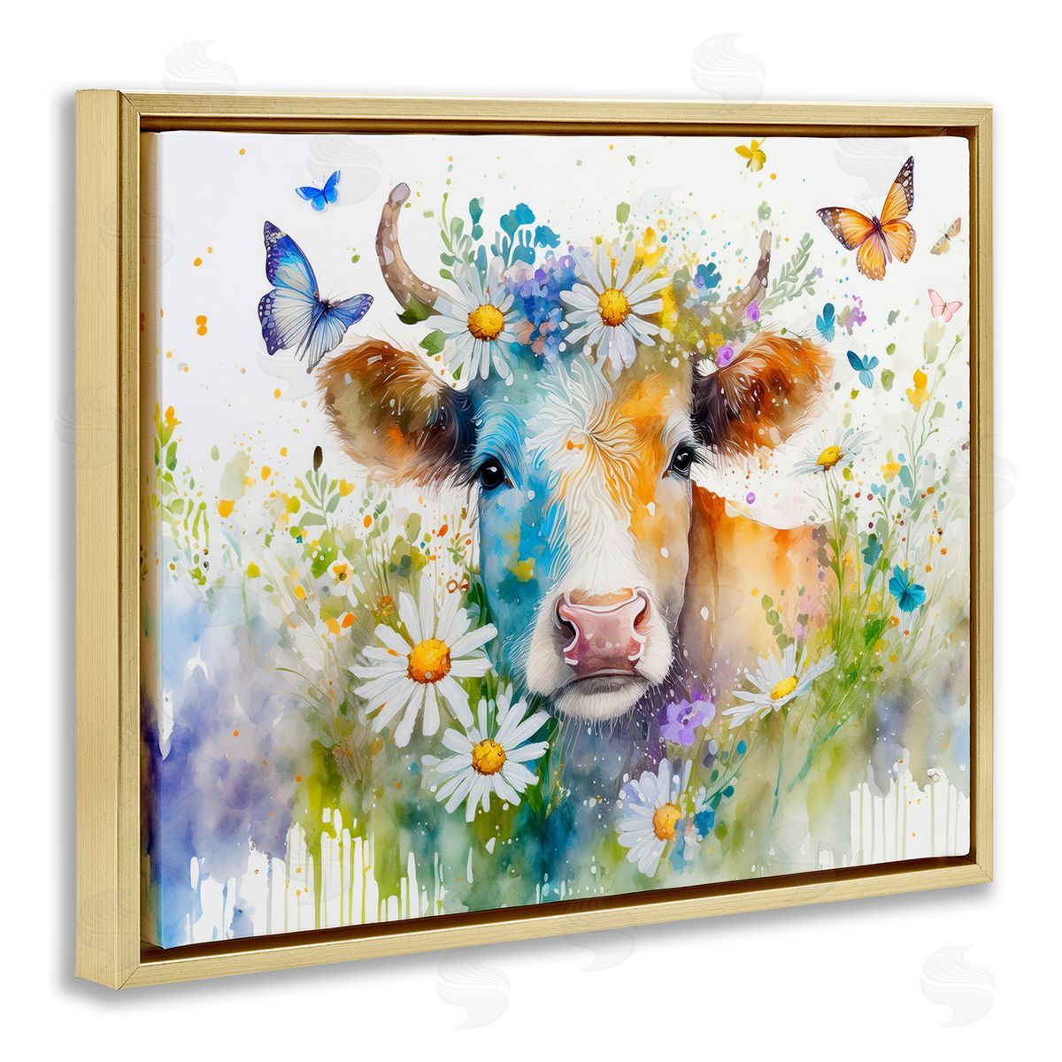 Modern Cottage Cow Gold Floating Frame Canvas Wall Art, Home Decor by Alina Georgescu