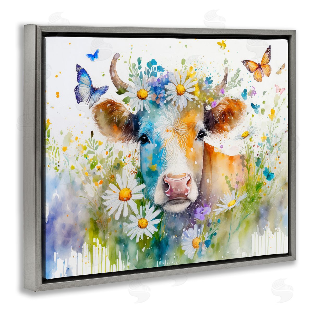 Modern Cottage Cow Grey Floating Frame Canvas Wall Art, Home Decor by Alina Georgescu