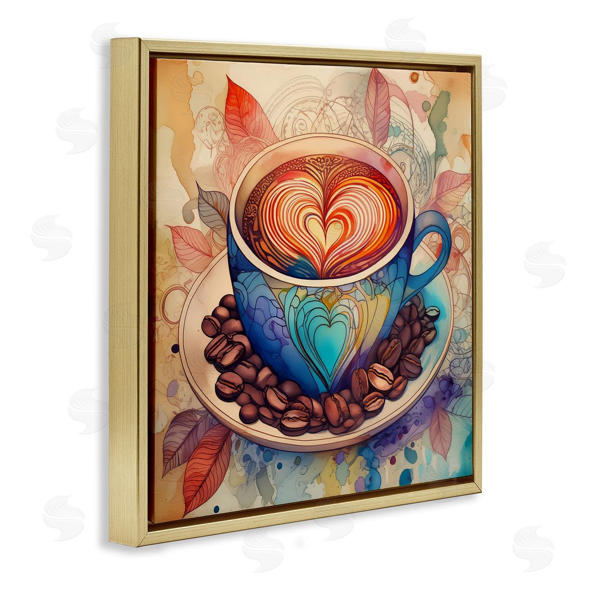 Coffee Beans & Latte Gold Floating Frame Canvas Wall Art, Home Decor by Alina Georgescu