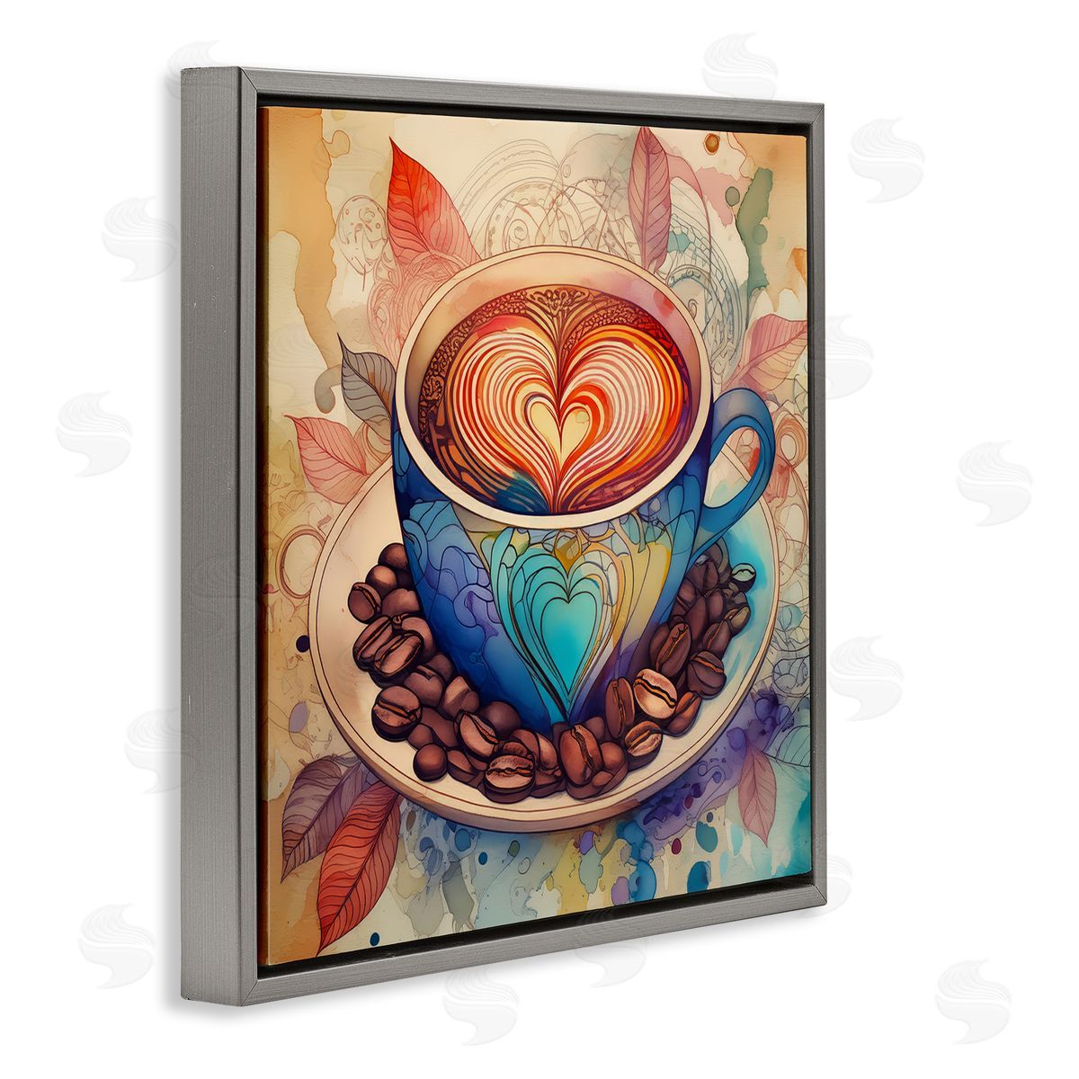 Coffee Beans & Latte Grey Floating Frame Canvas Wall Art, Home Decor by Alina Georgescu