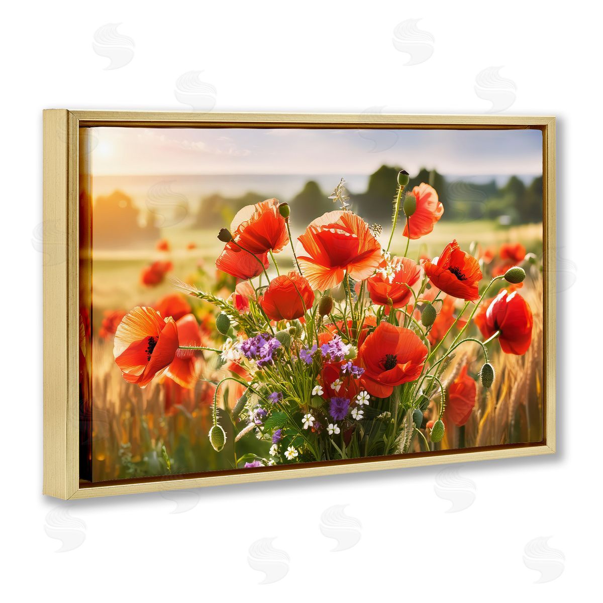 Bright Sunlit Spring Meadow Gold Floating Frame Canvas Wall Art, Home Decor by Alina Georgescu