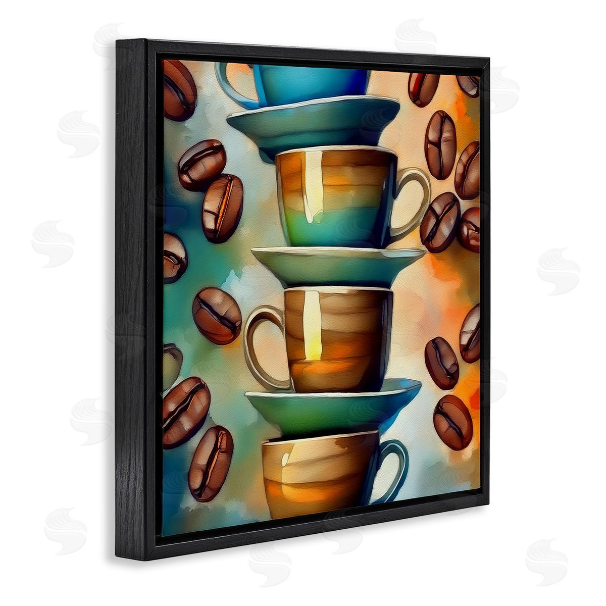 Ceramic Teacups & Coffee Black Floating Frame Canvas Wall Art, Home Decor by Alina Georgescu
