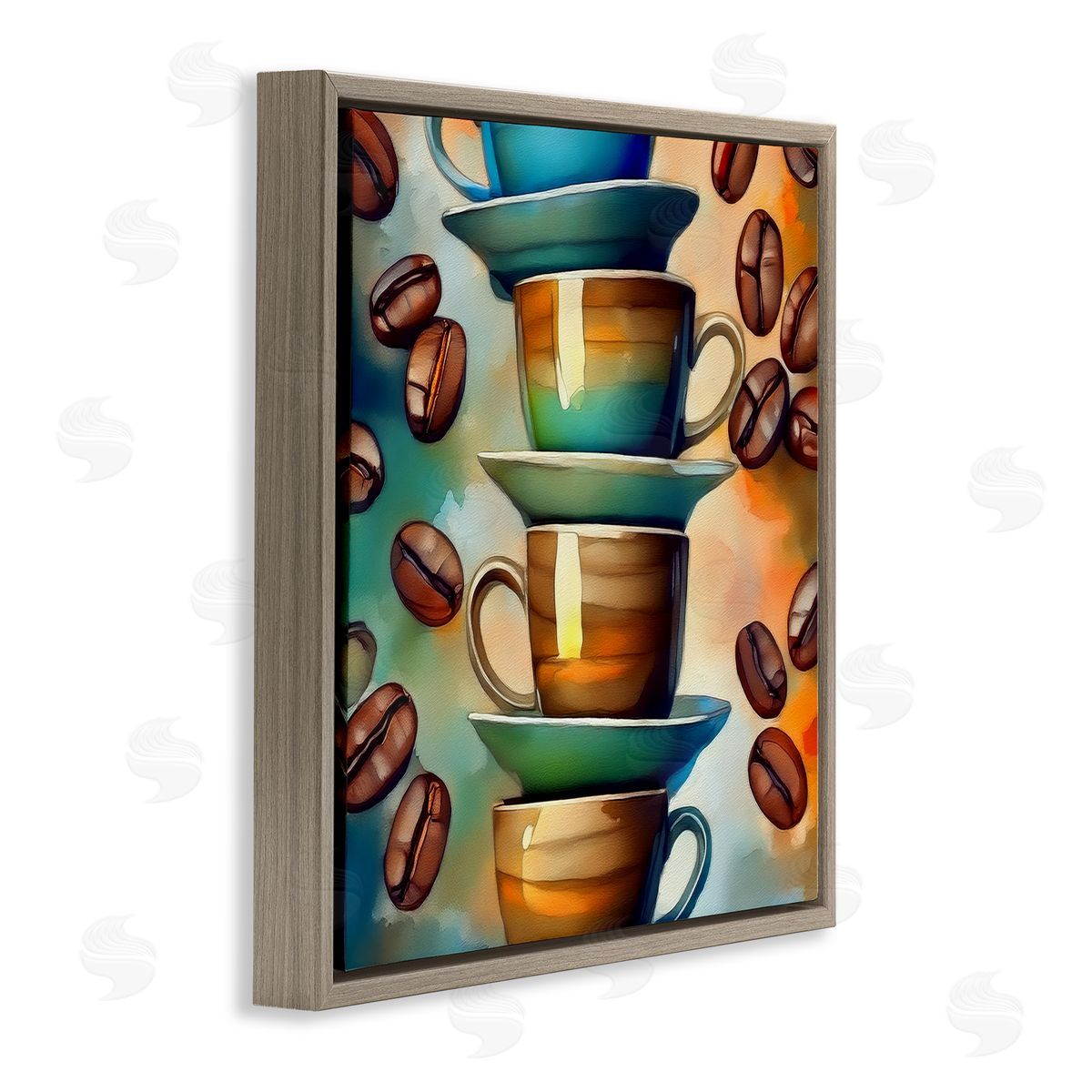 Ceramic Teacups & Coffee Brown Floating Frame Canvas Wall Art, Home Decor by Alina Georgescu