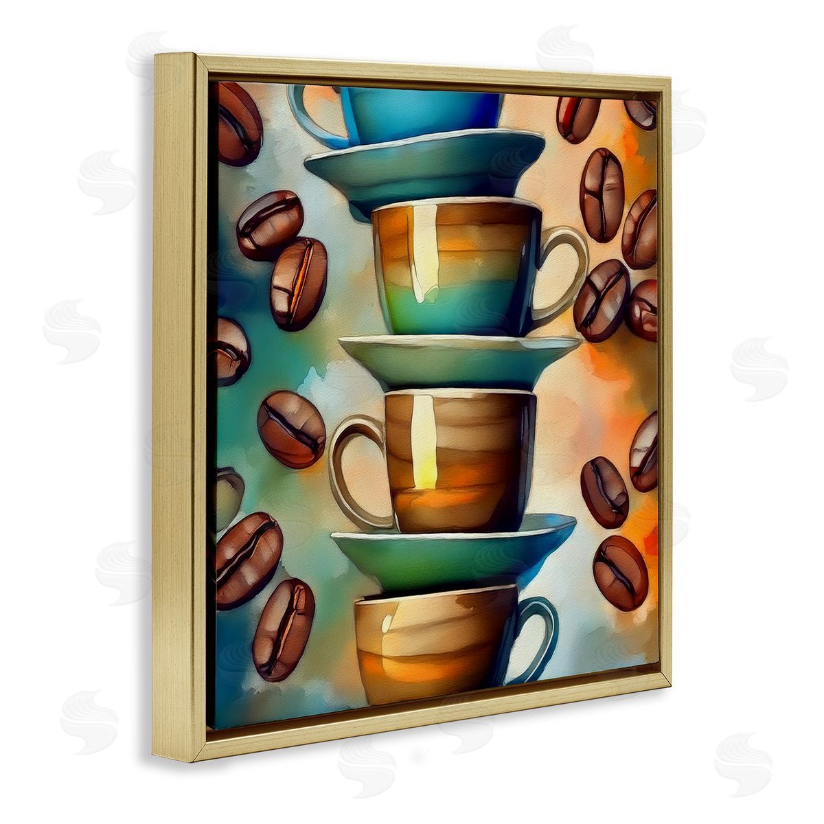 Ceramic Teacups & Coffee Gold Floating Frame Canvas Wall Art, Home Decor by Alina Georgescu