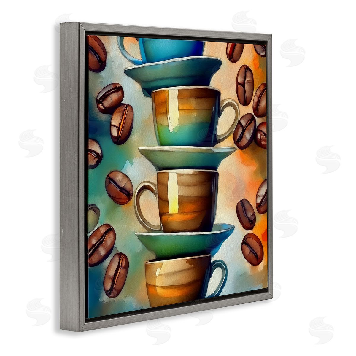 Ceramic Teacups & Coffee Grey Floating Frame Canvas Wall Art, Home Decor by Alina Georgescu