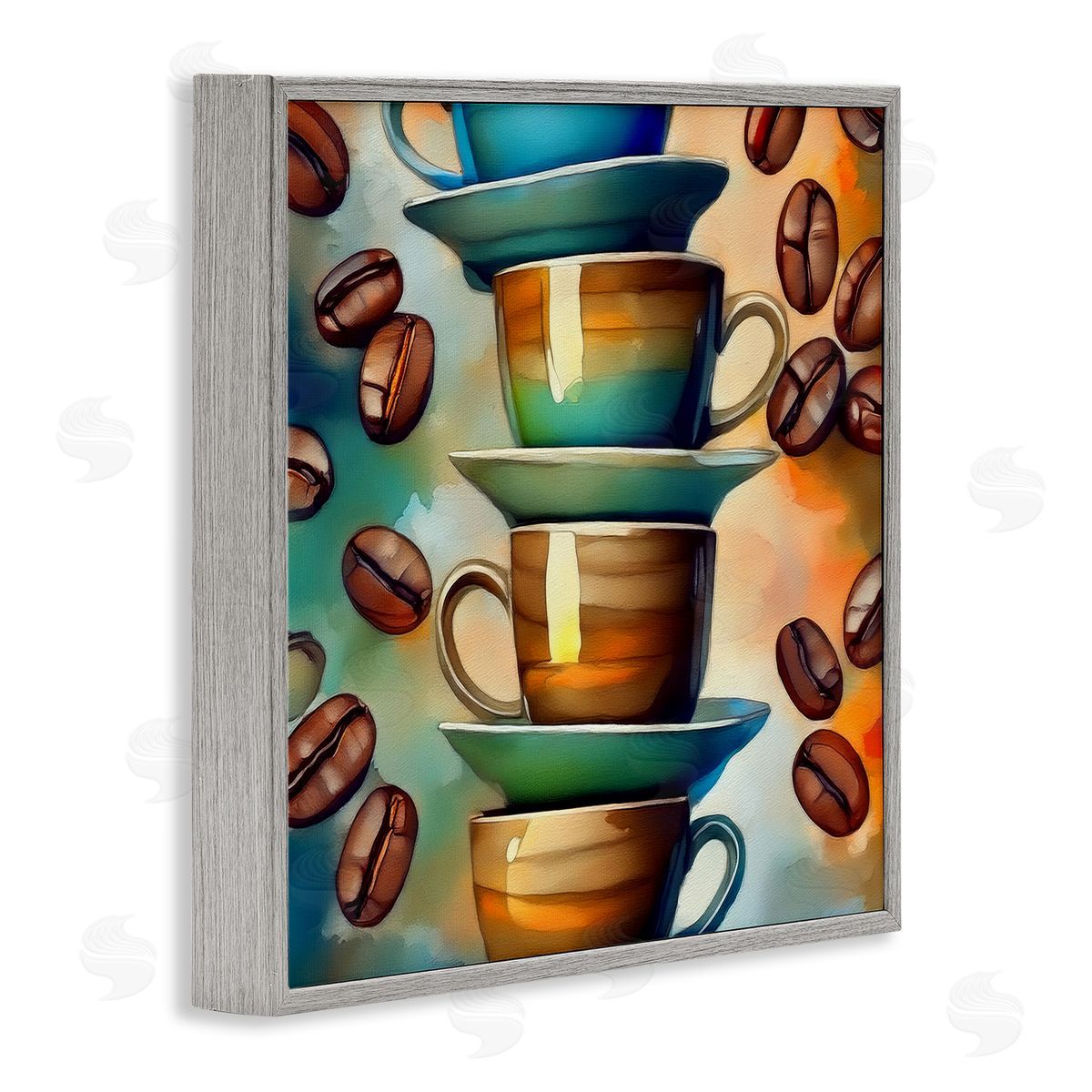 Ceramic Teacups & Coffee Grey Frame Print Wall Art, Home Decor by Alina Georgescu