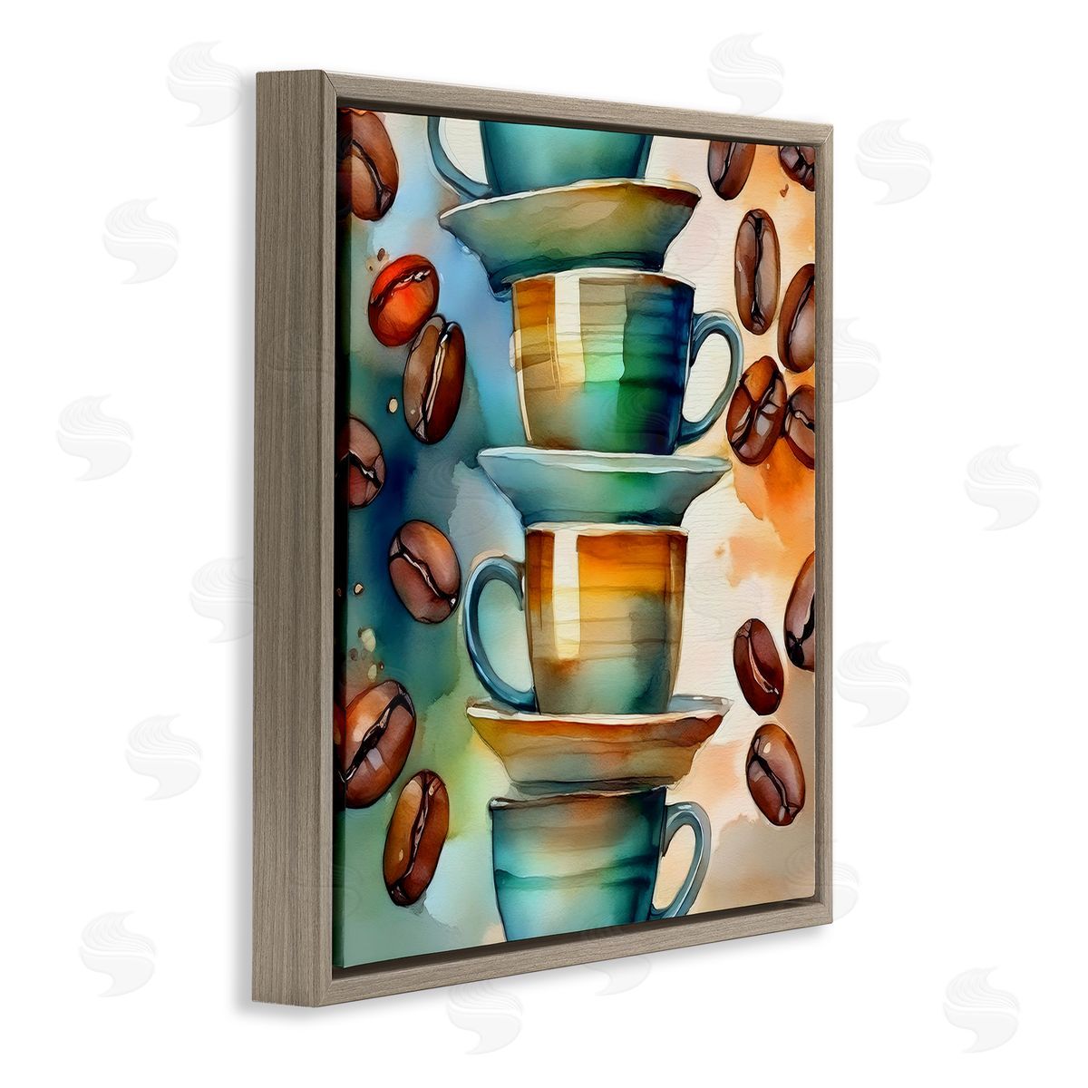 Coffee Beans & Mugs Brown Floating Frame Canvas Wall Art, Home Decor by Alina Georgescu
