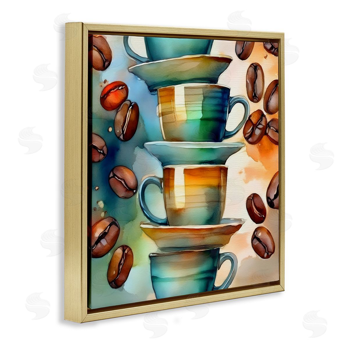 Coffee Beans & Mugs Gold Floating Frame Canvas Wall Art, Home Decor by Alina Georgescu