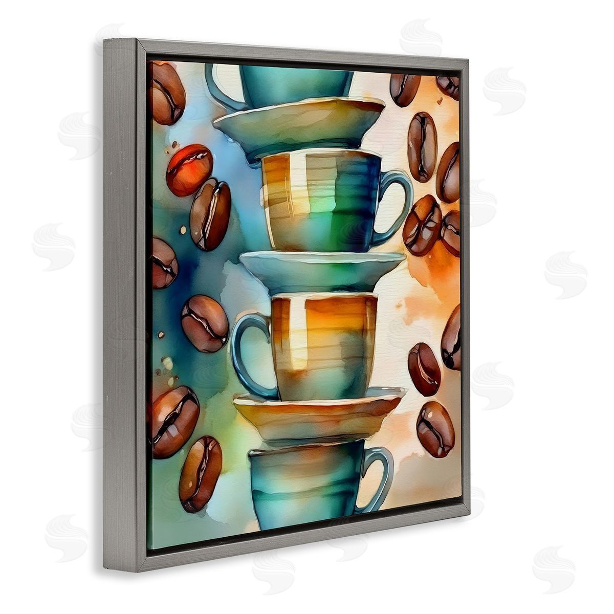 Coffee Beans & Mugs Grey Floating Frame Canvas Wall Art, Home Decor by Alina Georgescu