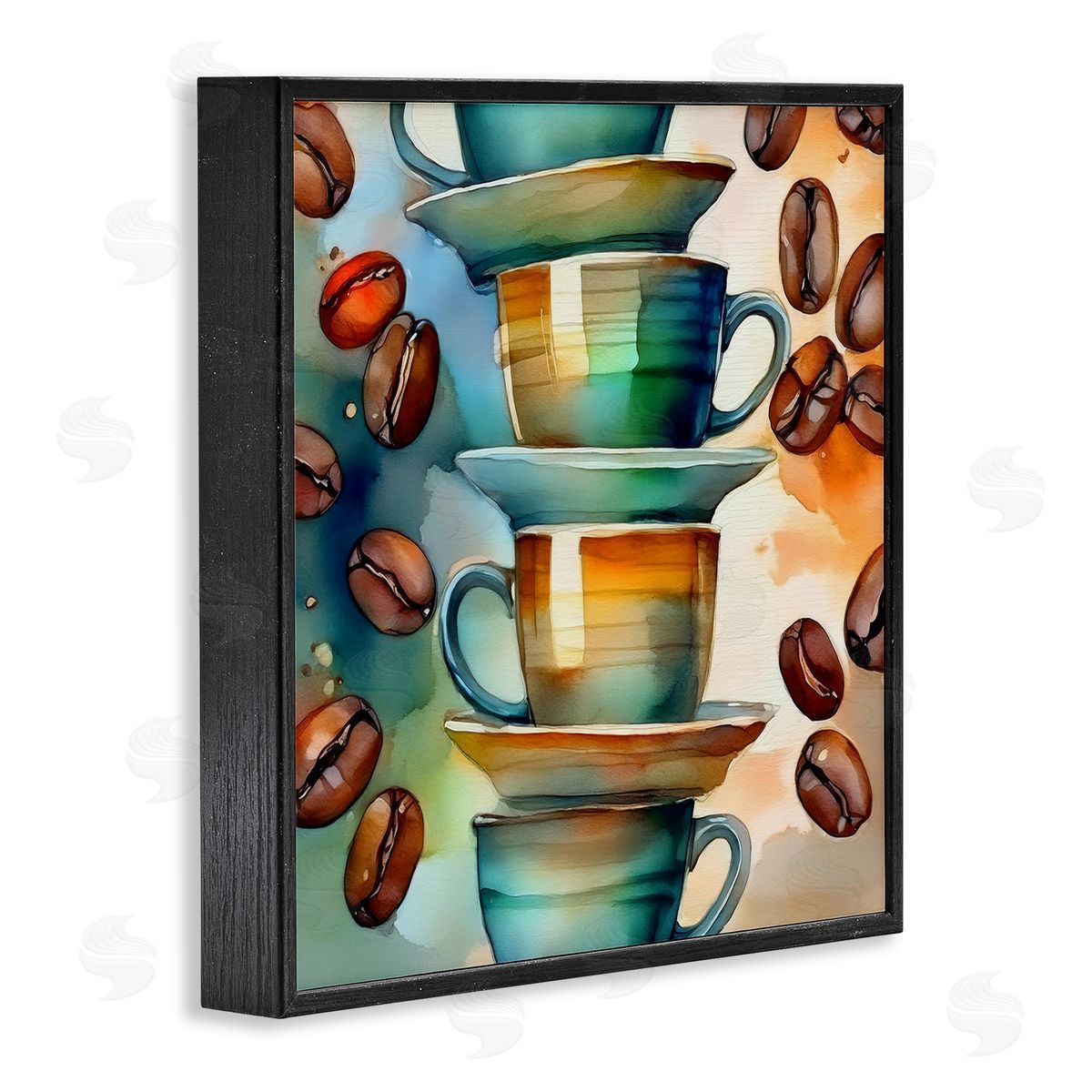 Coffee Beans & Mugs Black Frame Print Wall Art, Home Decor by Alina Georgescu