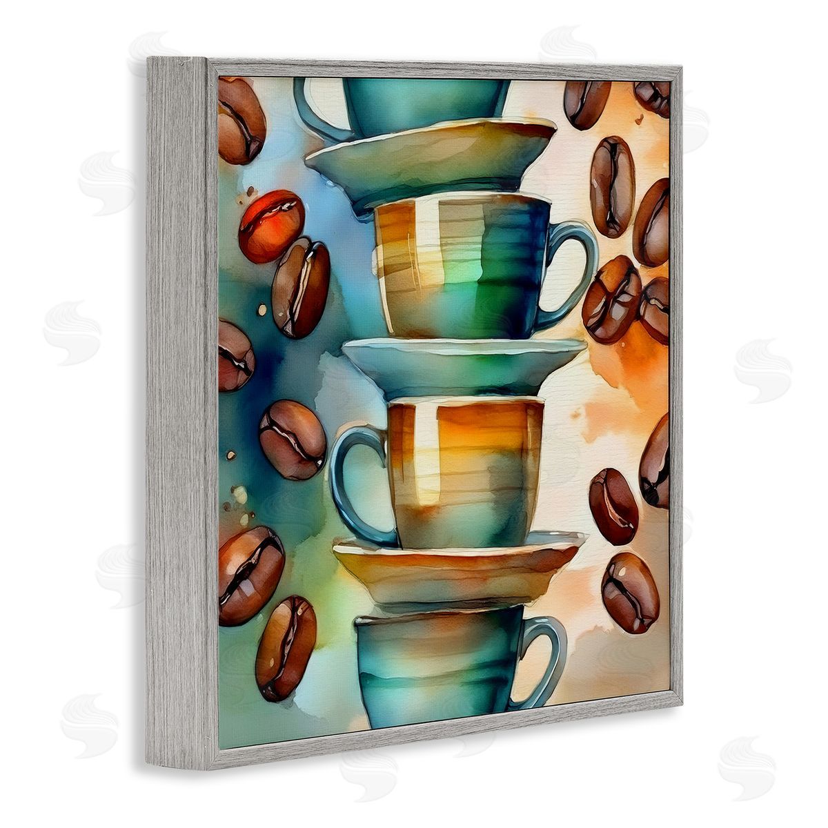 Coffee Beans & Mugs Grey Frame Print Wall Art, Home Decor by Alina Georgescu