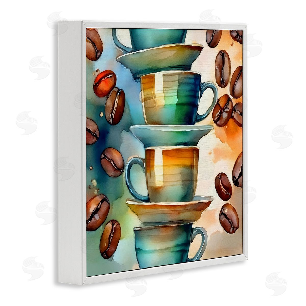 Coffee Beans & Mugs White Frame Print Wall Art, Home Decor by Alina Georgescu