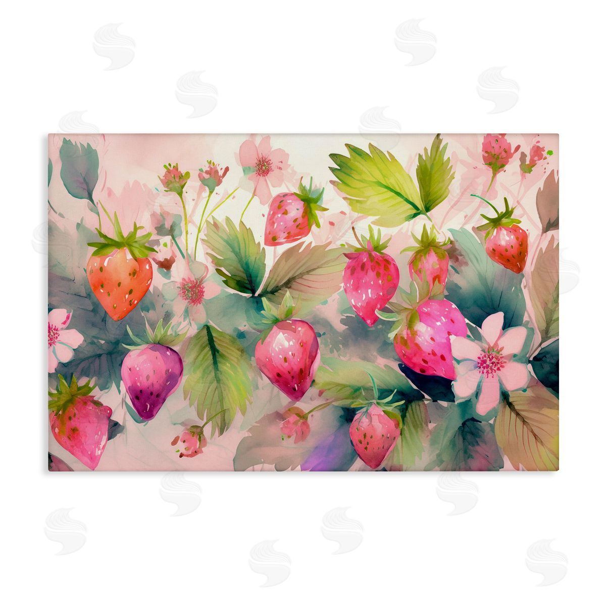 Pink Strawberries & Bloom Canvas Wall Art, Home Decor by Alina Georgescu