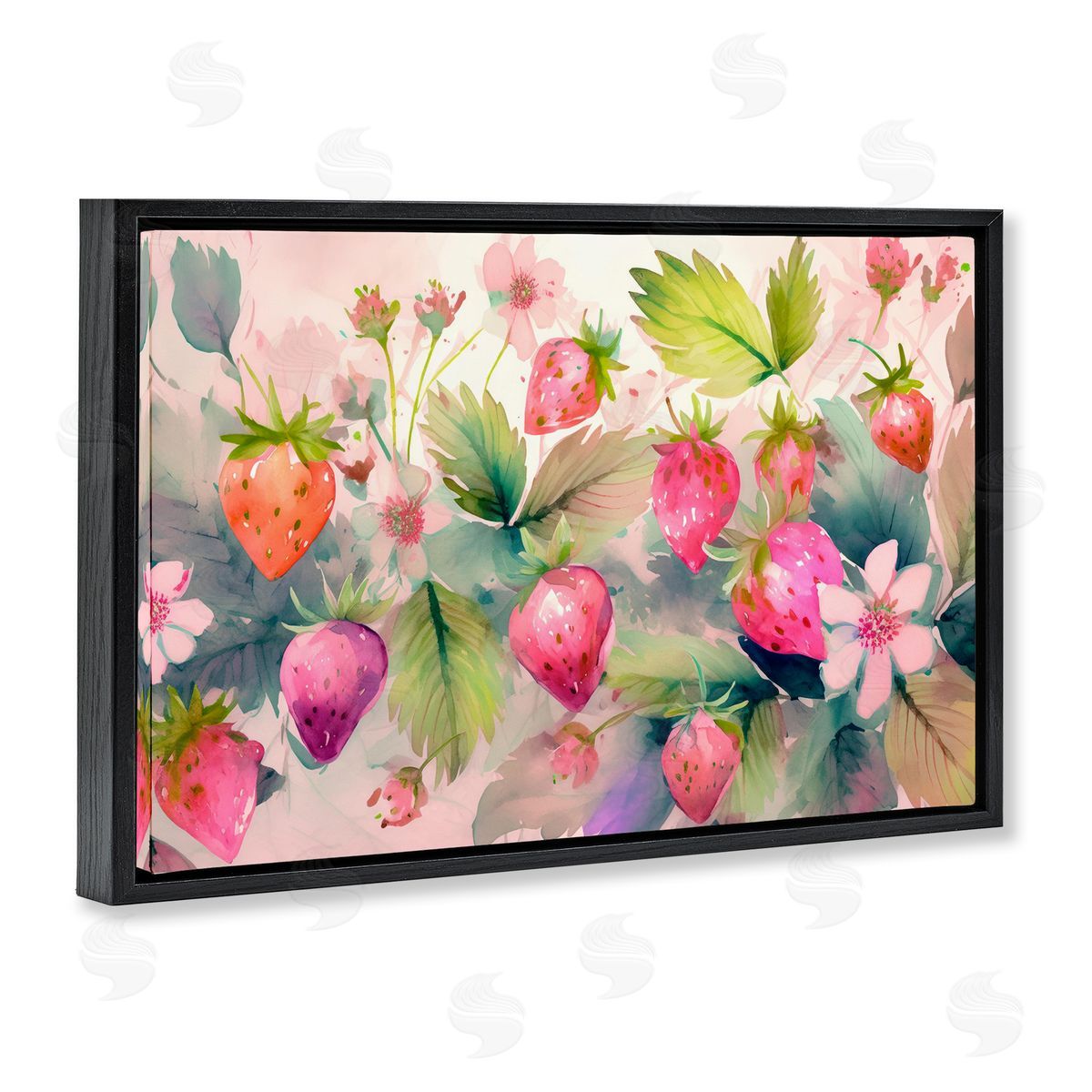 Pink Strawberries & Bloom Black Floating Frame Canvas Wall Art, Home Decor by Alina Georgescu