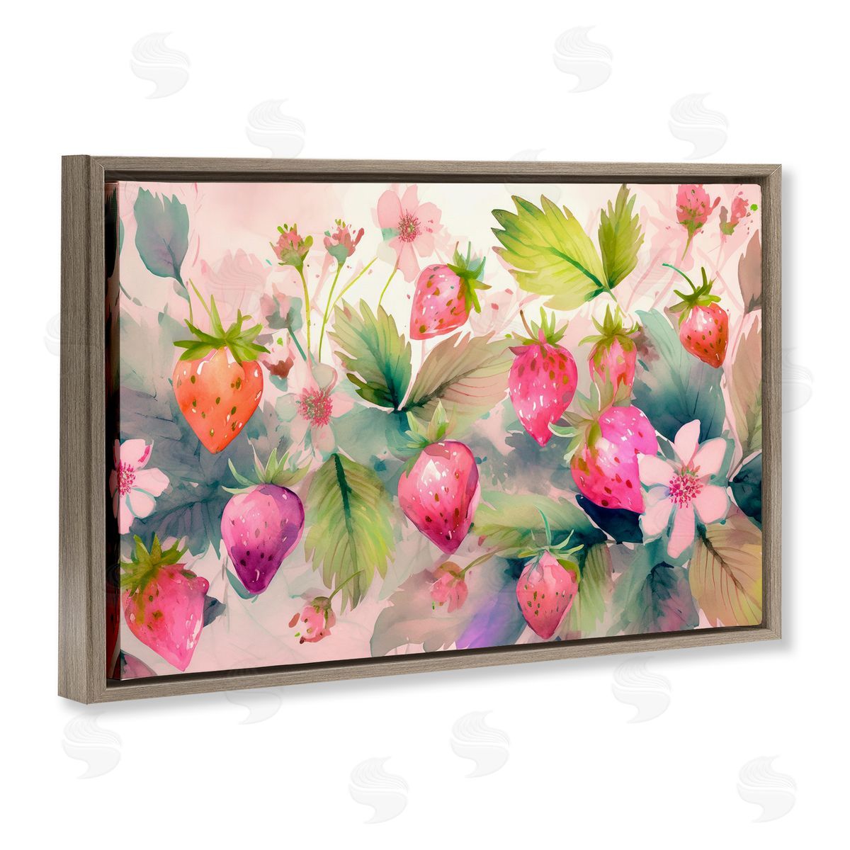 Pink Strawberries & Bloom Brown Floating Frame Canvas Wall Art, Home Decor by Alina Georgescu