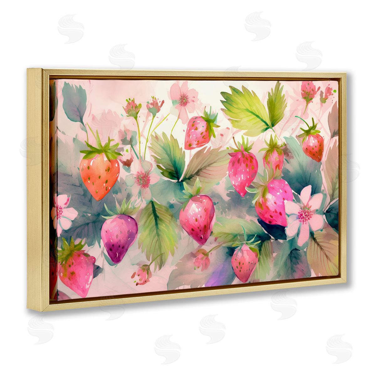 Pink Strawberries & Bloom Gold Floating Frame Canvas Wall Art, Home Decor by Alina Georgescu