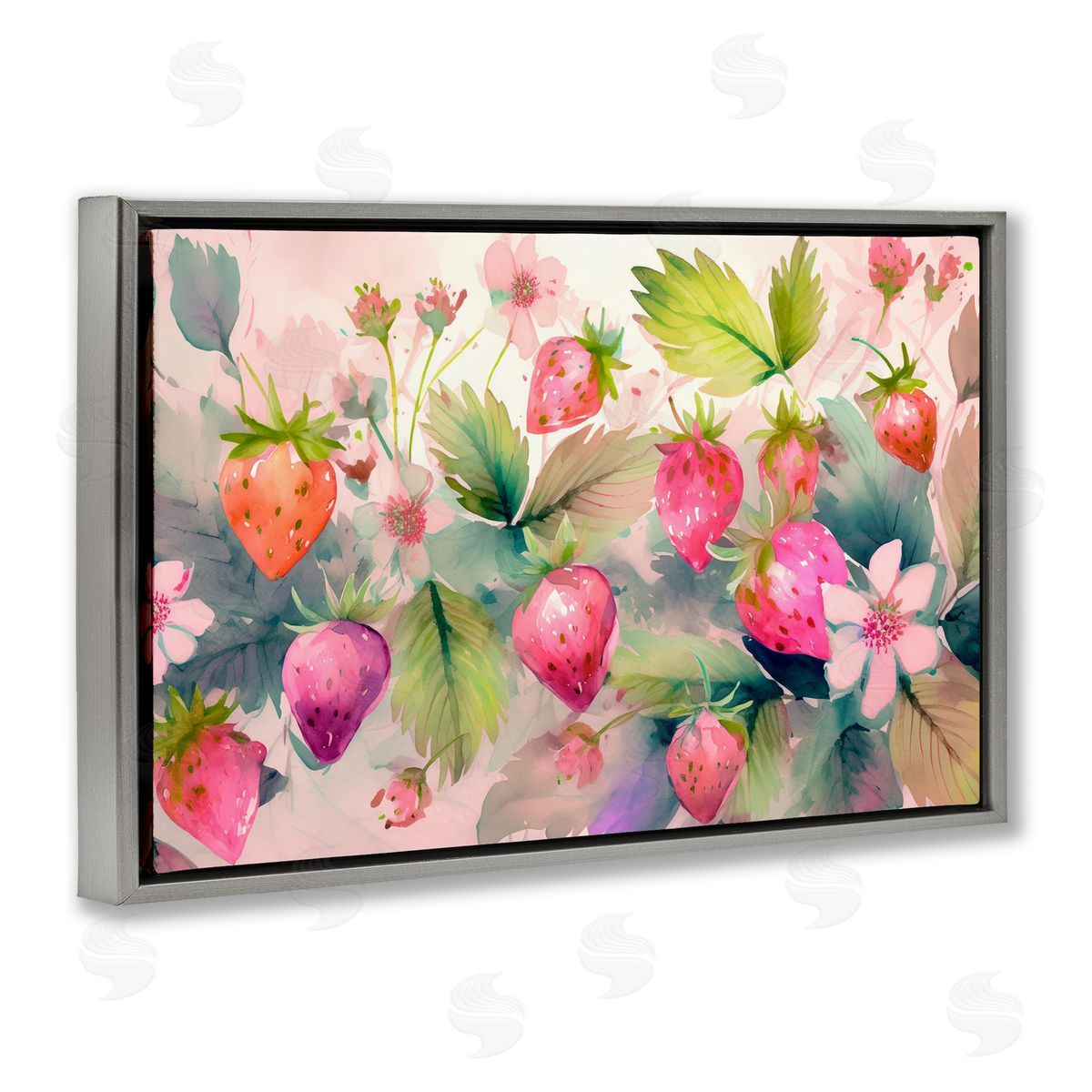 Pink Strawberries & Bloom Grey Floating Frame Canvas Wall Art, Home Decor by Alina Georgescu