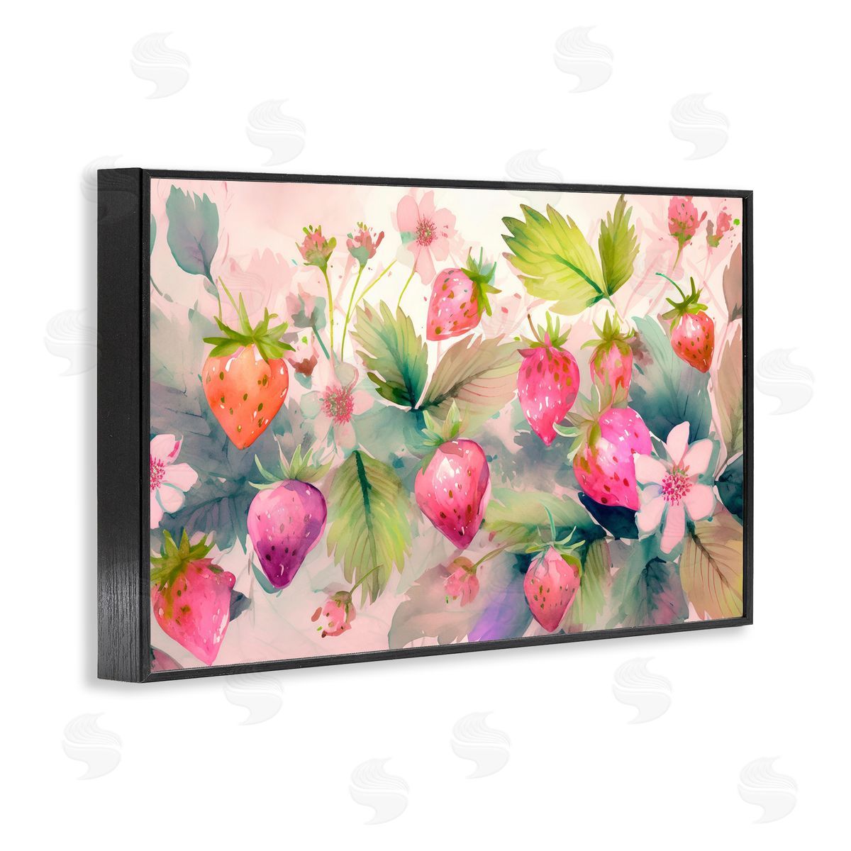 Pink Strawberries & Bloom Black Frame Print Wall Art, Home Decor by Alina Georgescu