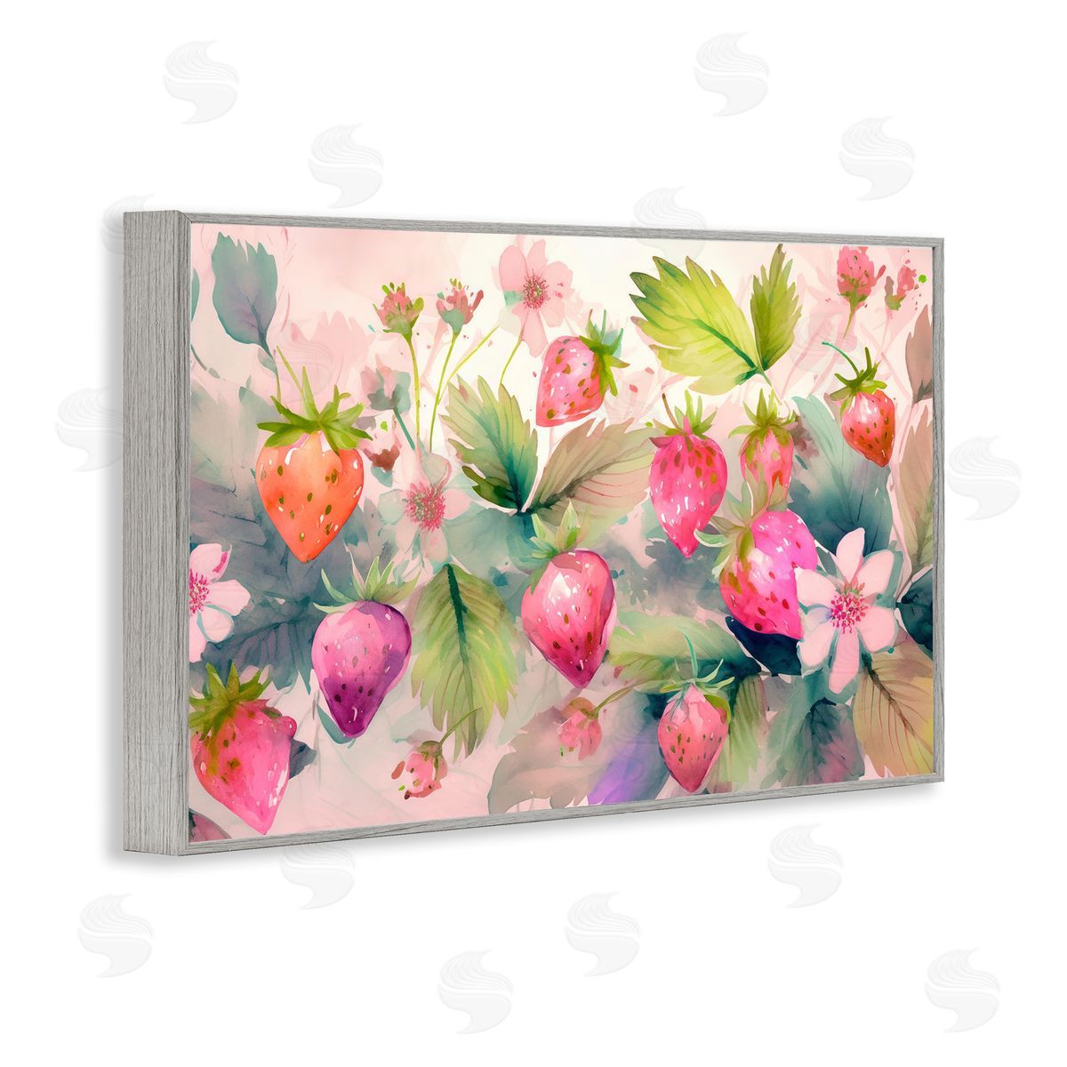 Pink Strawberries & Bloom Grey Frame Print Wall Art, Home Decor by Alina Georgescu