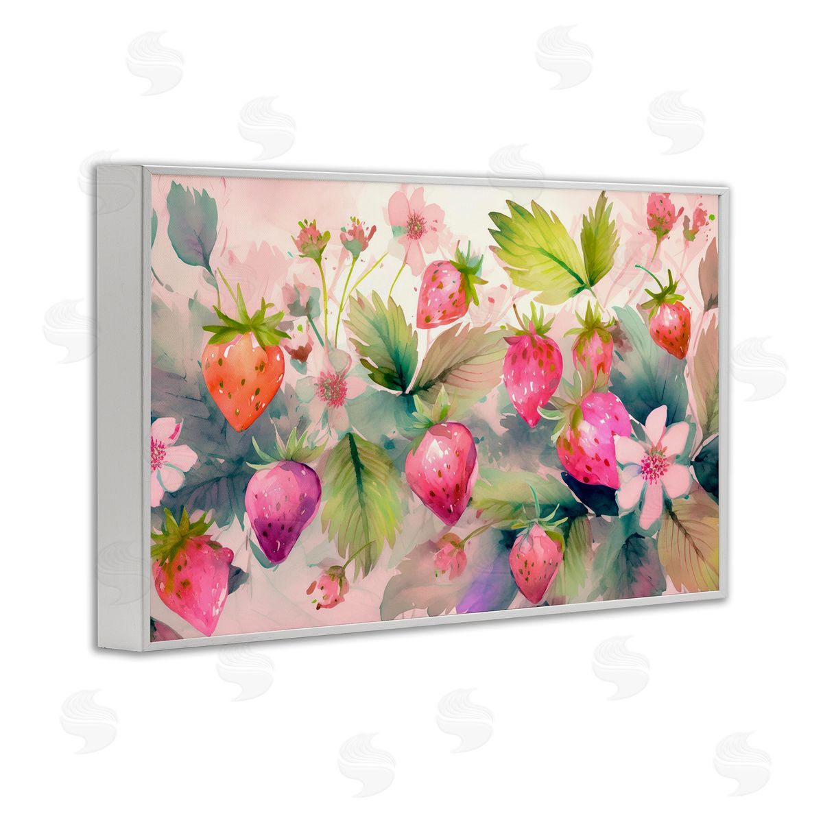 Pink Strawberries & Bloom White Frame Print Wall Art, Home Decor by Alina Georgescu