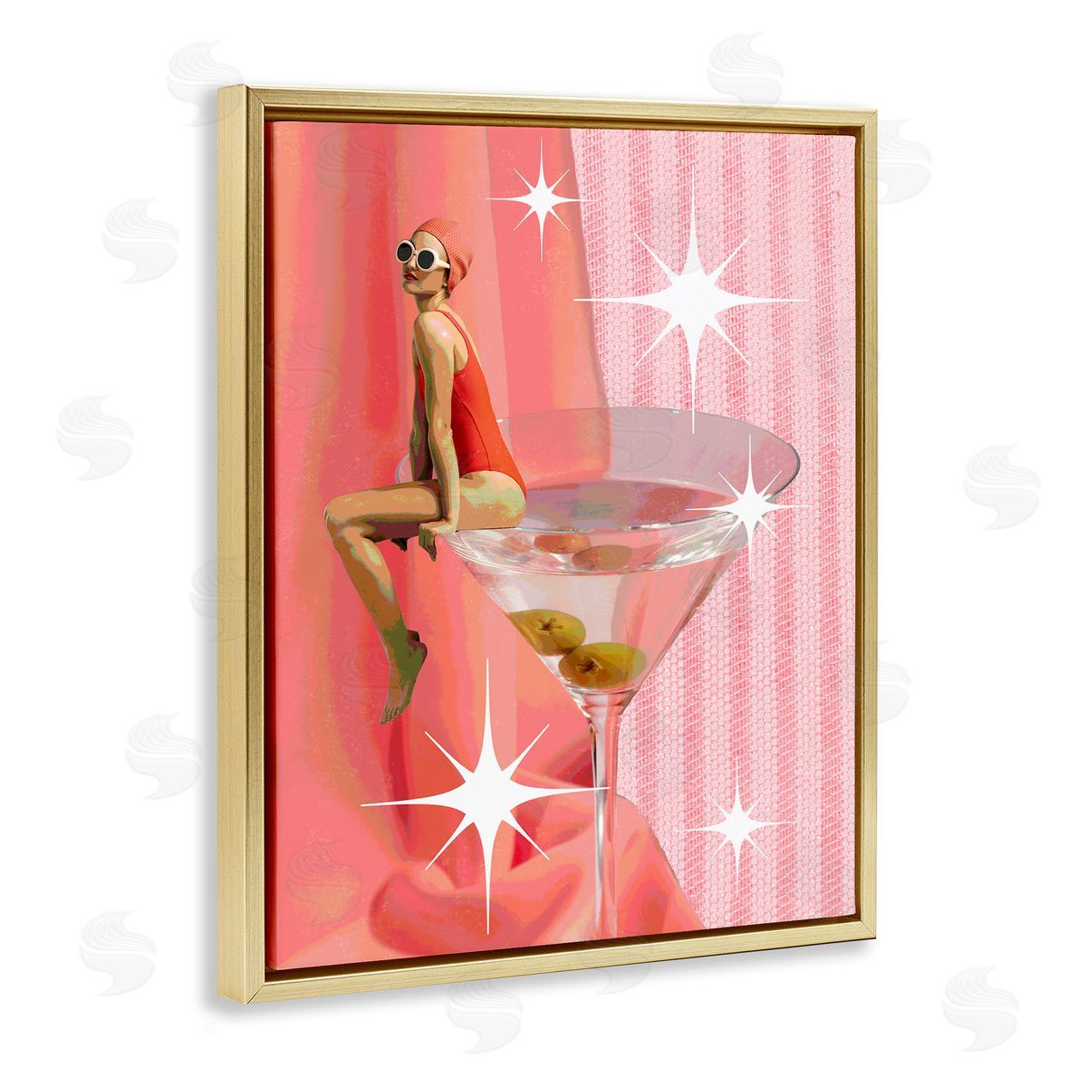 Vintage Swimmer on Drink Gold Floating Frame Canvas Wall Art, Home Decor by Stupell Studio