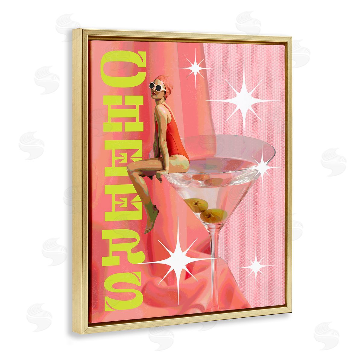 Cheers Retro Drink & Swimmer Gold Floating Frame Canvas Wall Art, Home Decor by Stupell Studio