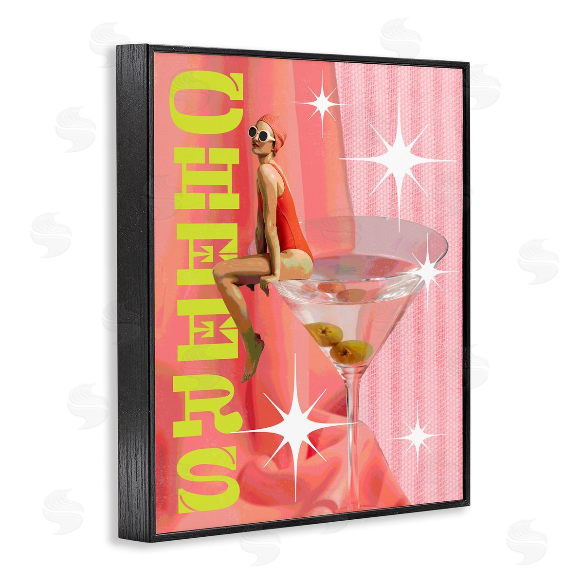 Cheers Retro Drink & Swimmer Black Frame Print Wall Art, Home Decor by Stupell Studio