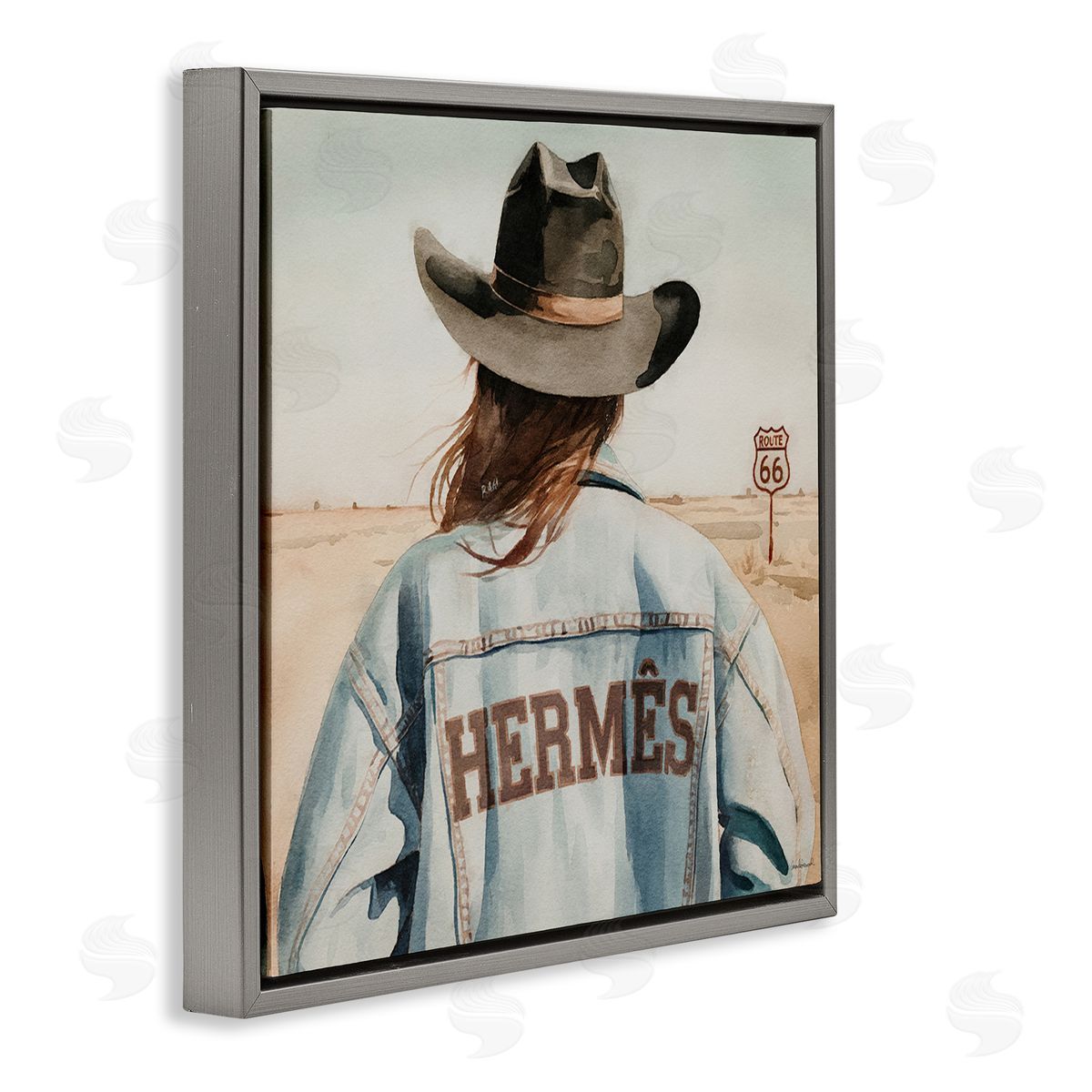 Trendy Cowgirl in Desert Grey Floating Frame Canvas Wall Art, Home Decor by Amanda Greenwood