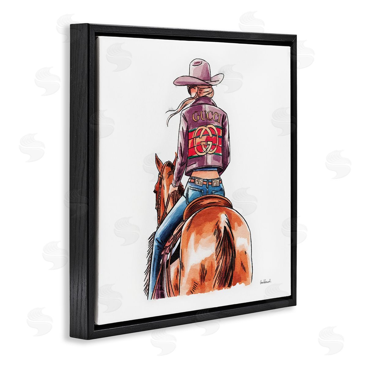 Glam Cowgirl on Horse Black Floating Frame Canvas Wall Art, Home Decor by Amanda Greenwood