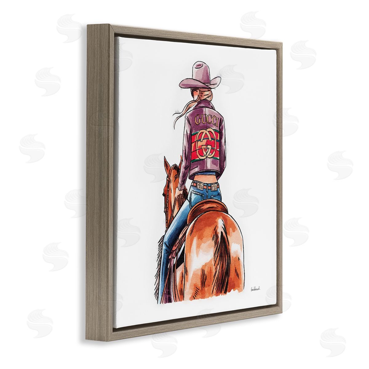 Glam Cowgirl on Horse Brown Floating Frame Canvas Wall Art, Home Decor by Amanda Greenwood