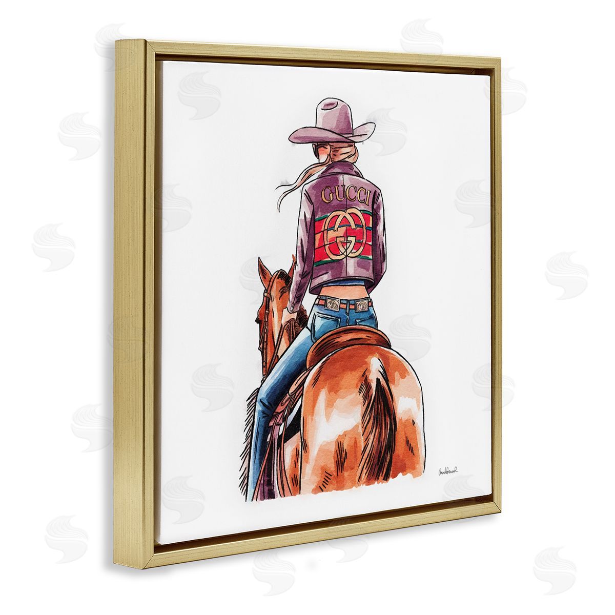 Glam Cowgirl on Horse Gold Floating Frame Canvas Wall Art, Home Decor by Amanda Greenwood