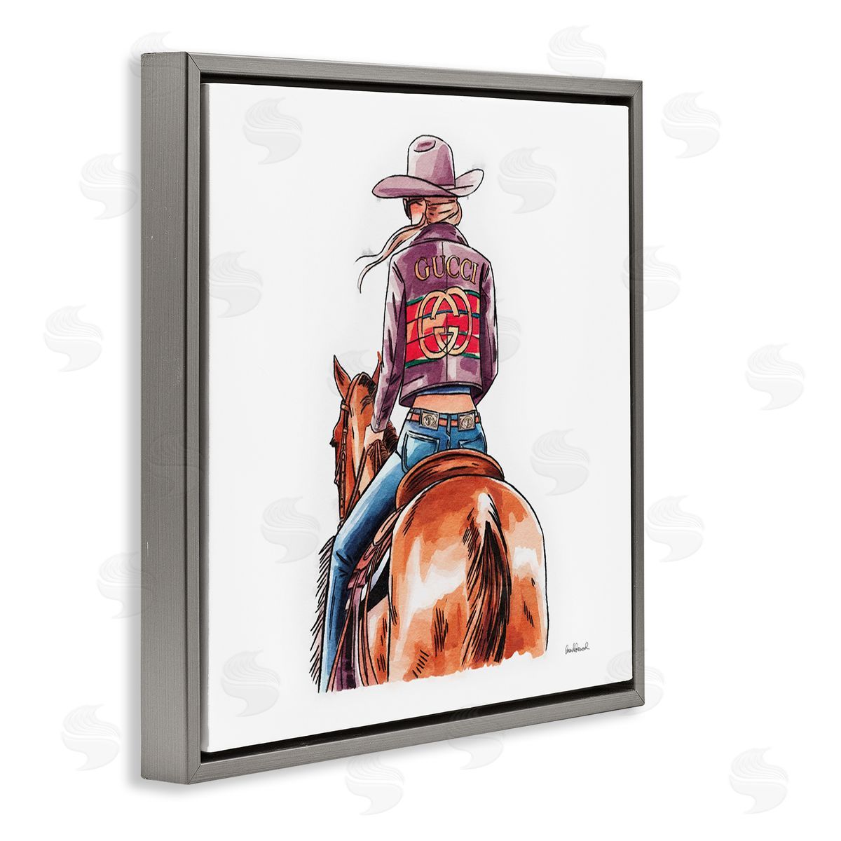 Glam Cowgirl on Horse Grey Floating Frame Canvas Wall Art, Home Decor by Amanda Greenwood