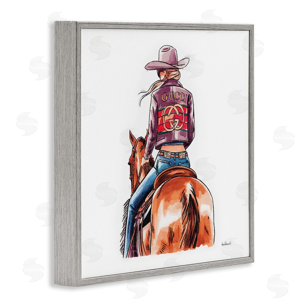 Glam Cowgirl on Horse Grey Frame Print Wall Art, Home Decor by Amanda Greenwood