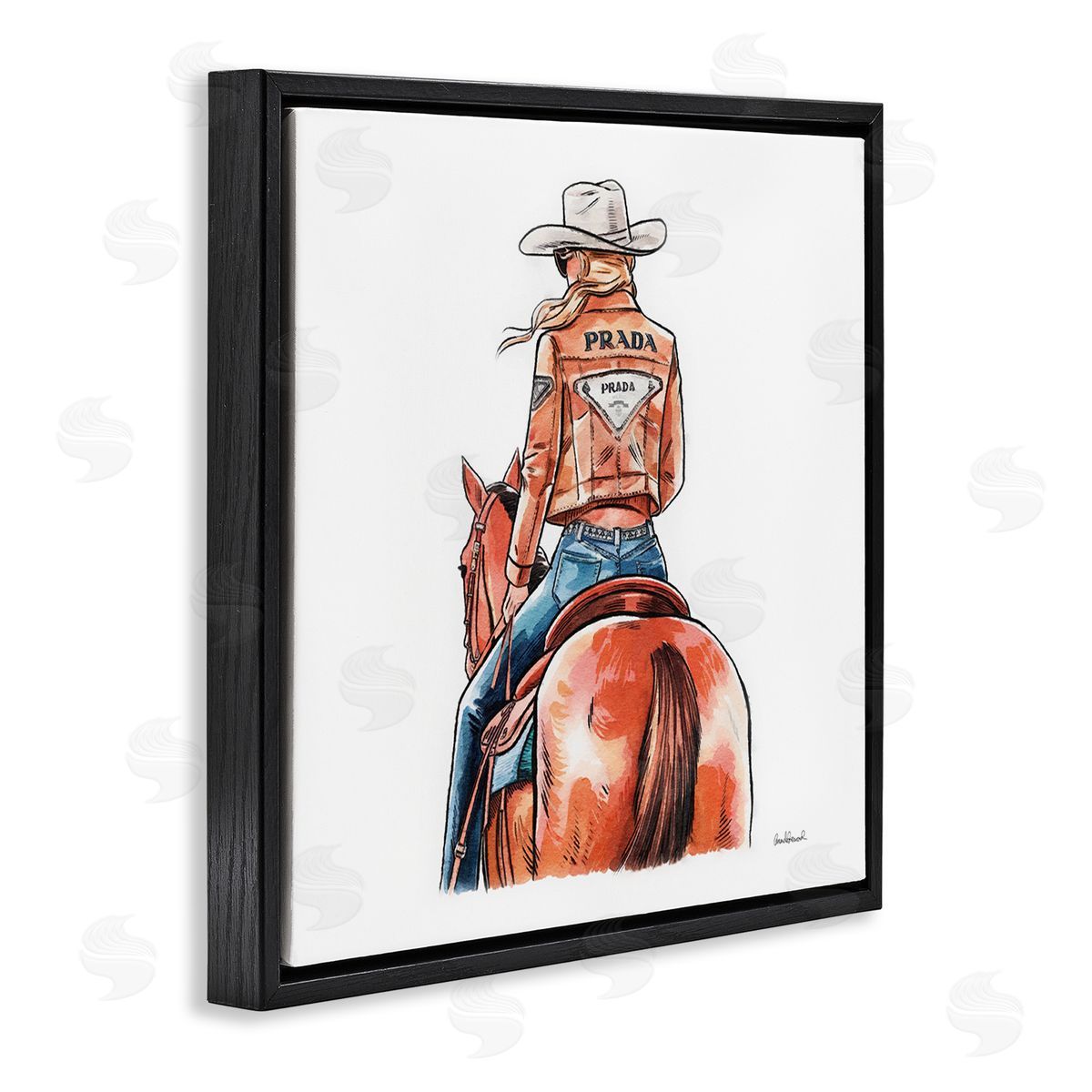 Glam Jacket Cowgirl & Horse Black Floating Frame Canvas Wall Art, Home Decor by Amanda Greenwood