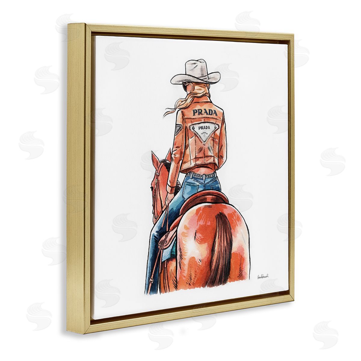 Glam Jacket Cowgirl & Horse Gold Floating Frame Canvas Wall Art, Home Decor by Amanda Greenwood