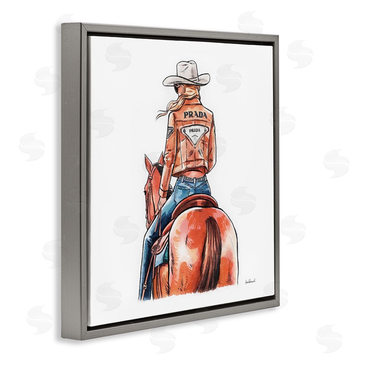 Glam Jacket Cowgirl & Horse Grey Floating Frame Canvas Wall Art, Home Decor by Amanda Greenwood