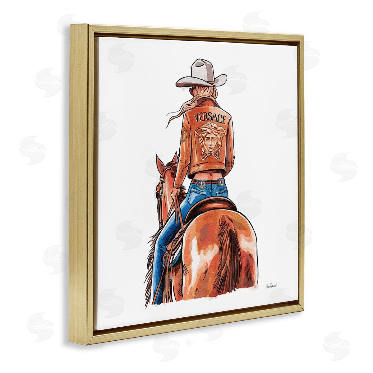 Glam Cowgirl Jockey Gold Floating Frame Canvas Wall Art, Home Decor by Amanda Greenwood