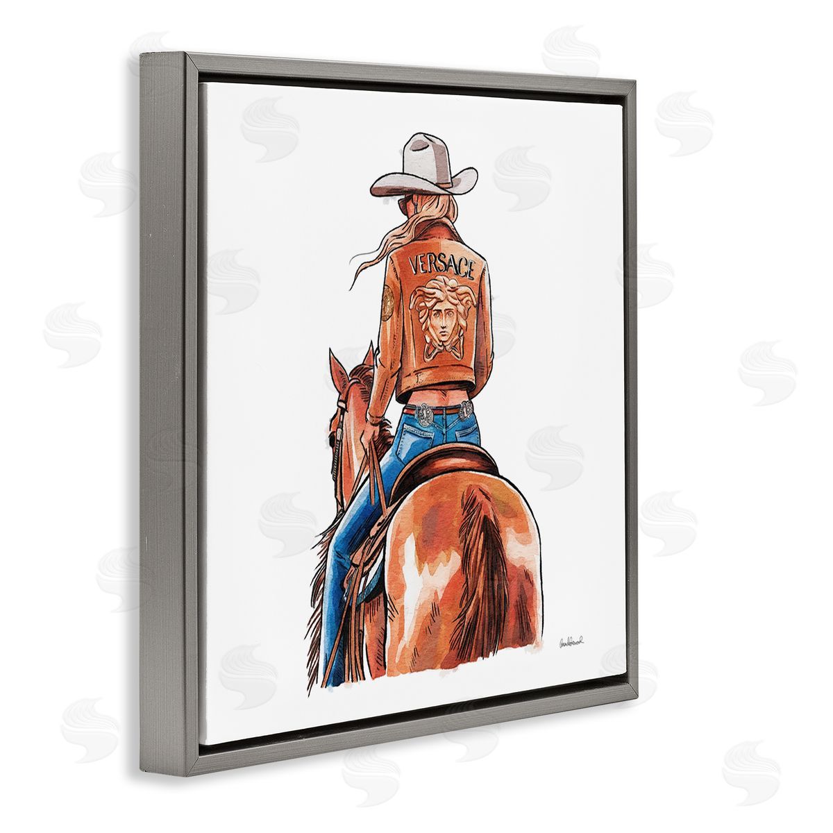 Glam Cowgirl Jockey Grey Floating Frame Canvas Wall Art, Home Decor by Amanda Greenwood