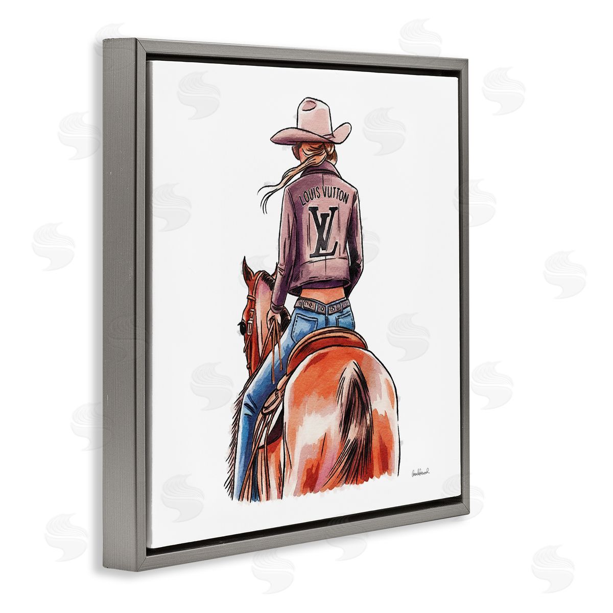 Equestrian Glam Cowgirl Grey Floating Frame Canvas Wall Art, Home Decor by Amanda Greenwood