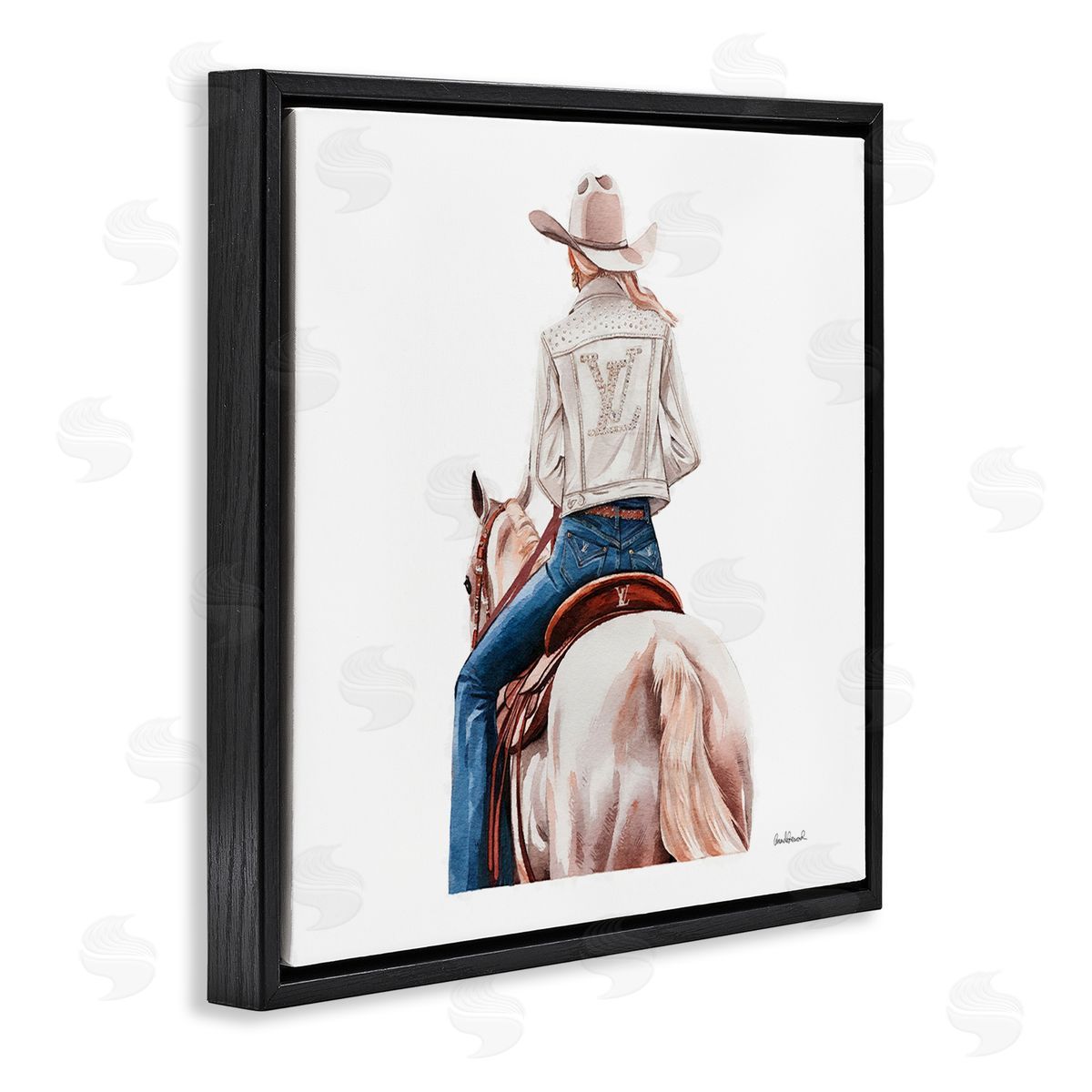 Glam Girl on White Horse Black Floating Frame Canvas Wall Art, Home Decor by Amanda Greenwood