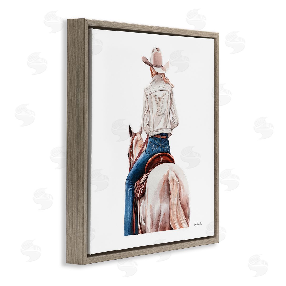 Glam Girl on White Horse Brown Floating Frame Canvas Wall Art, Home Decor by Amanda Greenwood