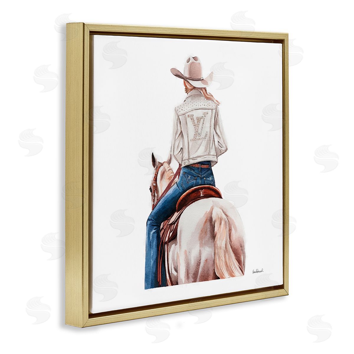 Glam Girl on White Horse Gold Floating Frame Canvas Wall Art, Home Decor by Amanda Greenwood