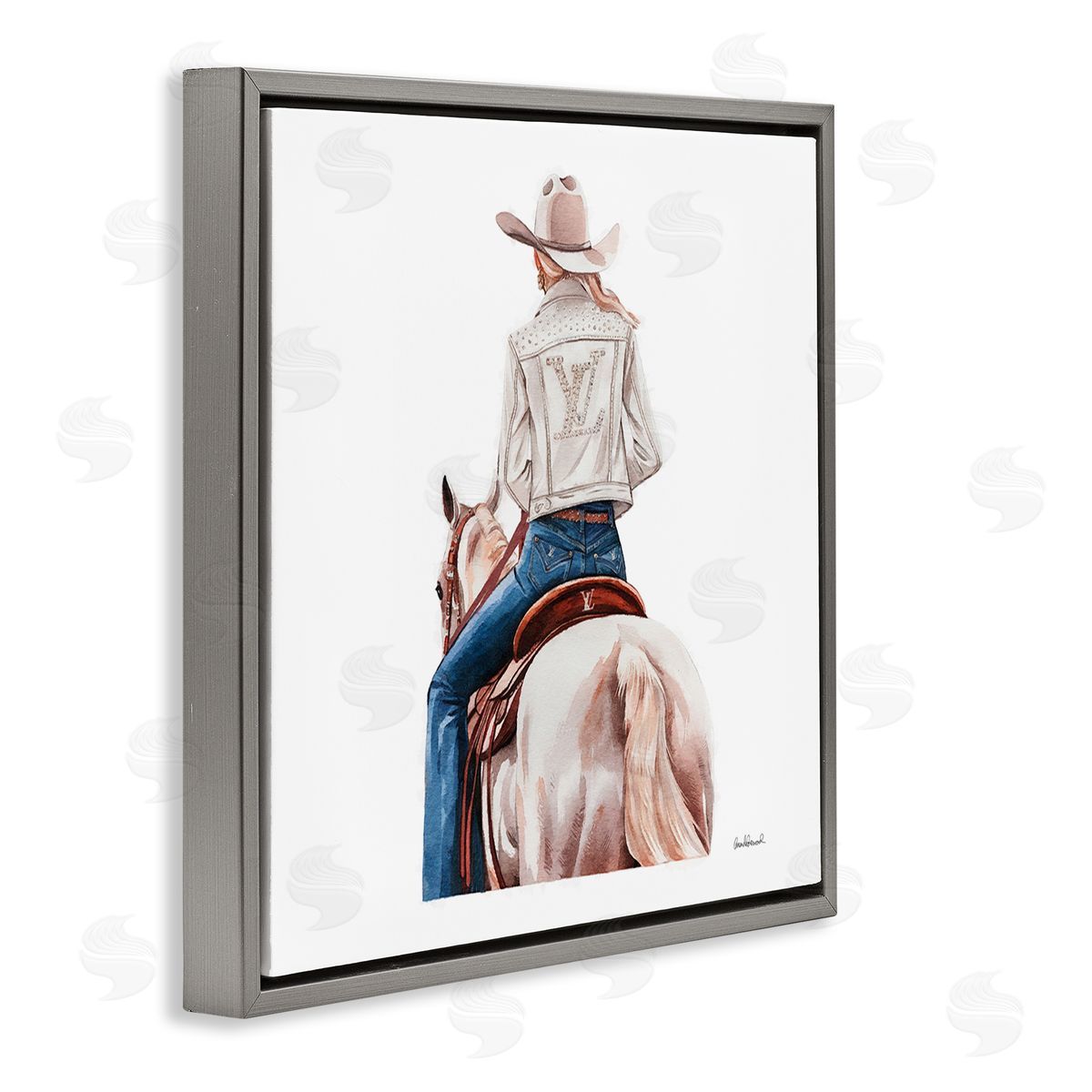 Glam Girl on White Horse Grey Floating Frame Canvas Wall Art, Home Decor by Amanda Greenwood