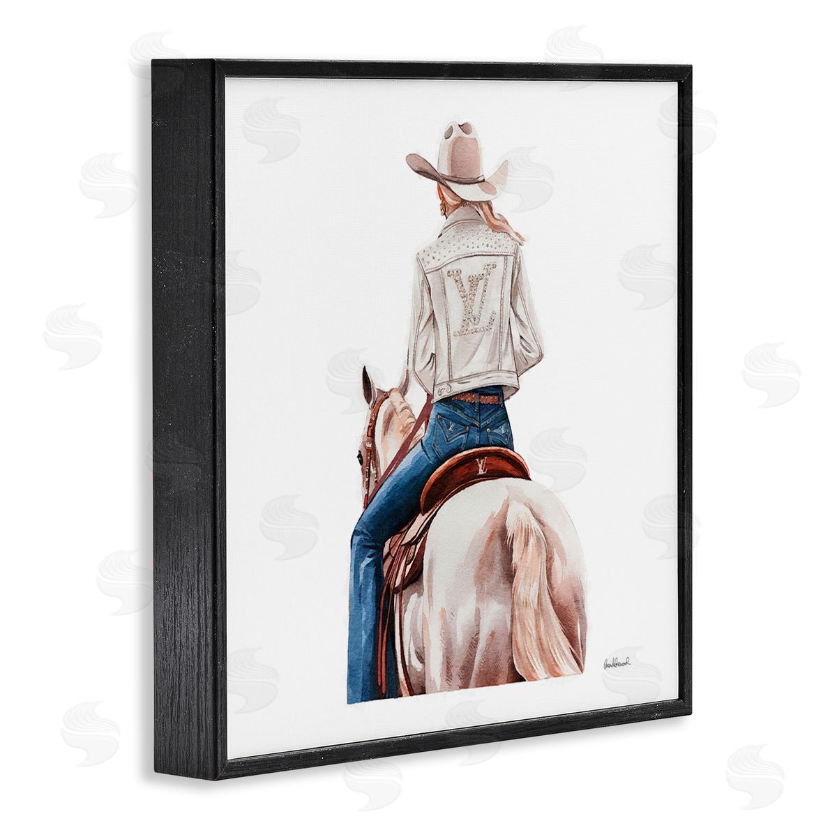 Glam Girl on White Horse Black Frame Print Wall Art, Home Decor by Amanda Greenwood
