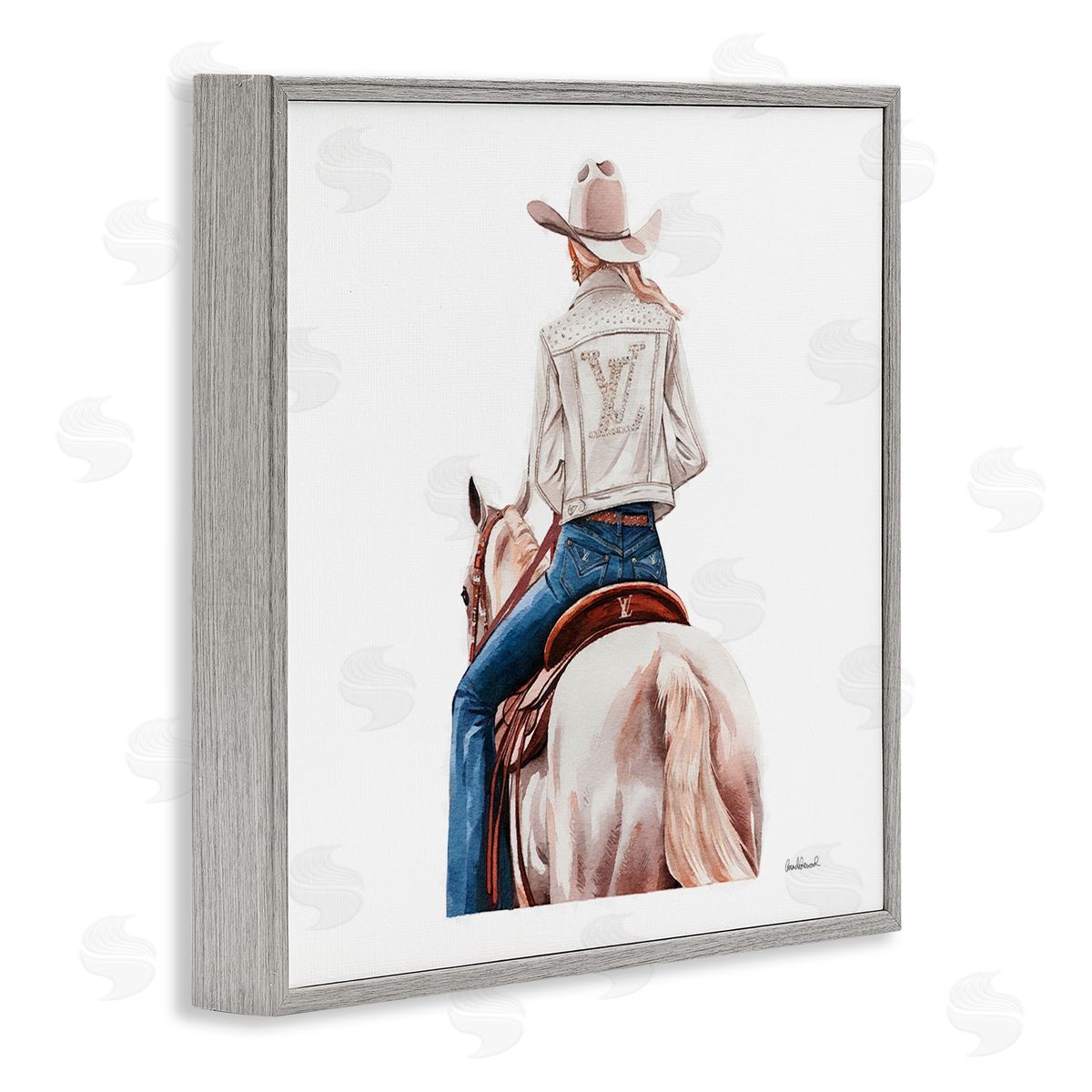 Glam Girl on White Horse Grey Frame Print Wall Art, Home Decor by Amanda Greenwood