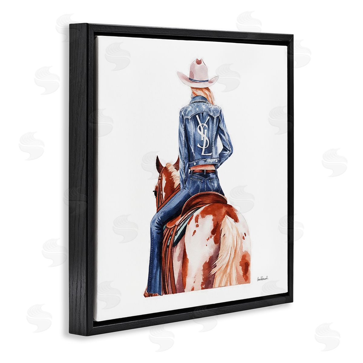 Trendy Cowgirl on Horse Black Floating Frame Canvas Wall Art, Home Decor by Amanda Greenwood